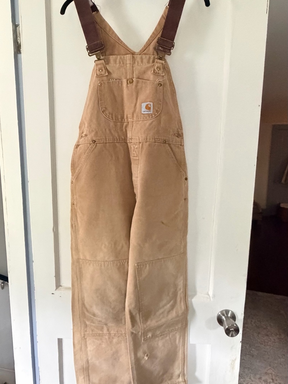 Carhartt Tan Canvas Kids Overalls with Brown Straps